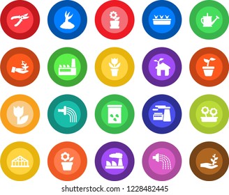 Round color solid flat icon set - factory vector, flower in pot, seedling, watering can, sproute, pruner, greenhouse, seeds, tulip, eco house, palm