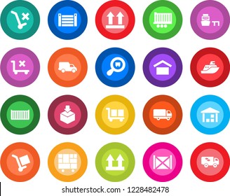 Round color solid flat icon set - sea shipping vector, truck trailer, cargo container, car delivery, port, consolidated, warehouse storage, up side sign, no trolley, package, search, moving