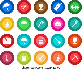 Round color solid flat icon set - suitcase vector, umbrella, baggage larry, job, farm fork, bucket, pruner, axe, fragile, themes, ladle, case, hard work