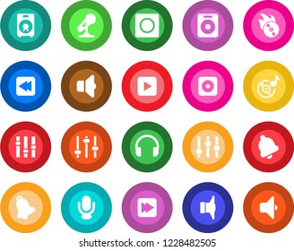 Round color solid flat icon set - flame disk vector, microphone, speaker, settings, headphones, play button, fast forward, rewind, rec, tuning, bell, record, music, sound