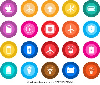 Round color solid flat icon set - battery vector, low, protect, charge, windmill, socket, power plug, bulb, energy saving, idea