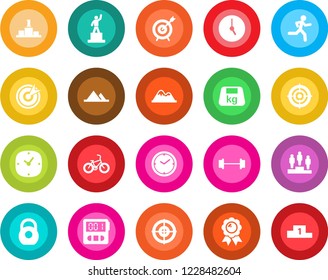 Round color solid flat icon set - pedestal vector, medal, barbell, bike, run, heavy, clock, stopwatch, target, mountains