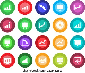 Round color solid flat icon set - growth statistic vector, presentation board, crisis graph, monitor, circle chart, statistics, bar, point, arrow up
