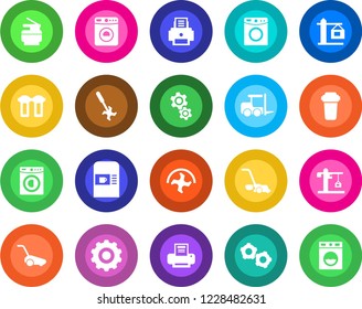 Round color solid flat icon set - coffee machine vector, washer, fork loader, gear, ripper, lawn mower, printer, copier, crane, water filter
