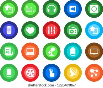 Round color solid flat icon set - satellite antenna vector, reel, microphone, radio, news, settings, equalizer, remote control, touch screen, headphones, monitor, laptop pc, favorites list, heart