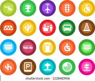 Round color solid flat icon set - airport tower vector, plane radar, taxi, bus, parking, passport control, border cone, helicopter, disabled, route, signpost, traffic light, truck trailer, guidepost