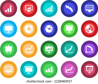 Round color solid flat icon set - growth statistic vector, presentation board, crisis graph, circle chart, monitor pulse, statistics, bar, pie, point