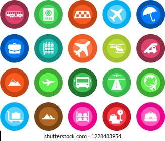 Round color solid flat icon set - plane vector, runway, taxi, baggage trolley, airport bus, umbrella, passport, ladder car, helicopter, seat map, luggage storage, scales, globe, mountains, case