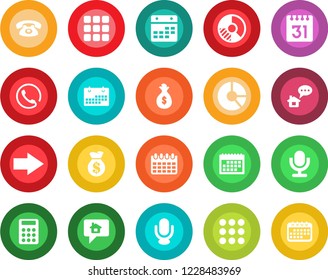 Round color solid flat icon set - right arrow vector, calendar, circle chart, microphone, menu, calculator, phone, home message, money bag
