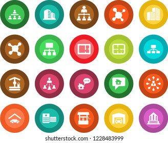 Round color solid flat icon set - hierarchy vector, well, molecule, hospital, office building, garage, plan, home message