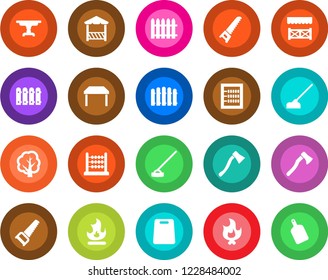 Round color solid flat icon set - fence vector, tree, saw, fire, hoe, axe, abacus, table, alcove, cutting board