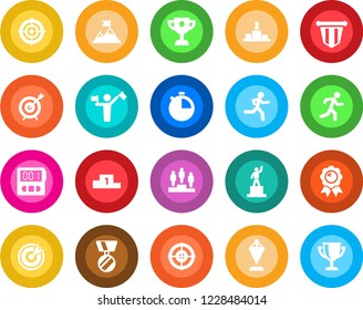 Round color solid flat icon set - dispatcher vector, pedestal, pennant, medal, run, stopwatch, target, motivation, award cup