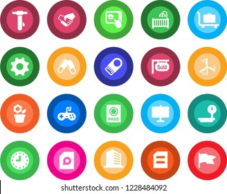Round color solid flat icon set - baggage trolley vector, passport, office building, tie, document, flower in pot, pills, clock, heavy scales, gamepad, settings, presentation board, search, windmill