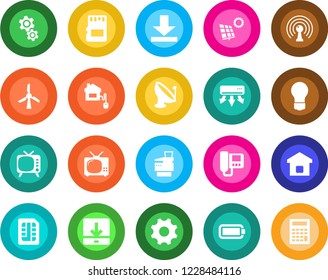 Round color solid flat icon set - bulb vector, satellite antenna, tv, settings, sd, sim, download, battery, copier, sun panel, smart home, control, air conditioner, intercome, gear, windmill