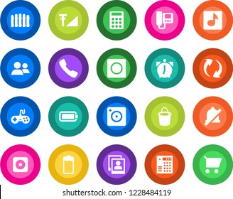 Round color solid flat icon set - fence vector, bucket, gamepad, group, battery, rec button, call, update, mobile camera, alarm, record, mute, music, photo gallery, cellular signal, calculator, cart