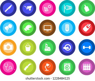 Round color solid flat icon set - camera vector, wind, wheelbarrow, bucket, glove, garden knife, stethoscope, tomography, barbell, microphone, monitor, radio phone, rca, desk lamp, sun panel, washer
