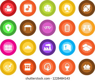 Round color solid flat icon set - clouds vector, factory, fence, tree, well, bench, picnic table, joint, reel, battery, protect, music, wine card, reception, salad, egg stand, serviette