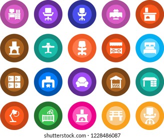 Round color solid flat icon set - checkroom vector, office chair, desk, bench, fireplace, lamp, bedroom, children room, cushioned furniture, restaurant table, alcove