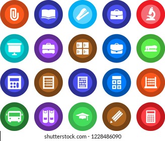 Round color solid flat icon set - airport bus vector, checkroom, book, calculator, graduate, abacus, presentation board, microscope, case, paper clip, pencil, stapler
