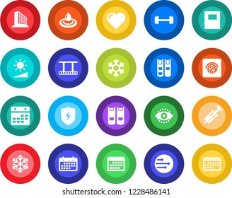 Round color solid flat icon set - office building vector, book, heart, syringe, barbell, term, film frame, protect, network, calendar, brightness, eye id, fingerprint, copybook, snowflake, water