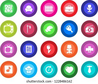 Round color solid flat icon set - tv vector, office chair, case, abacus, fence, glove, garden light, tulip, radio, heart, music, cushioned furniture, restaurant table, dress code, ham, chip, clock