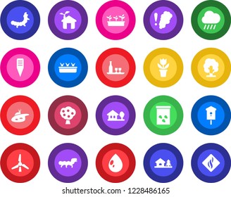 Round color solid flat icon set - flower in pot vector, tree, seedling, water drop, rain, plant label, seeds, caterpillar, bird house, with, pond, windmill, fruit, alcohol, eco, smoke detector