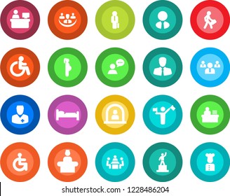 Round color solid flat icon set - dispatcher vector, disabled, reception, bed, pedestal, team, manager place, doctor, pregnancy, client, speaker, company, desk, meeting, estate agent, cook