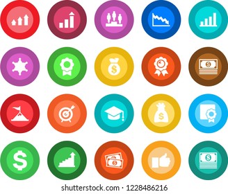 Round color solid flat icon set - growth statistic vector, dollar sign, pedestal, medal, graduate, money bag, cash, finger up, sertificate, bar graph, police, target, arrow, motivation, crisis
