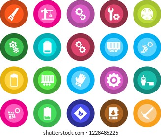 Round color solid flat icon set - gear vector, glove, saw, truck trailer, sea port, flammable, reel, battery, low, root setup, sun panel, crane, water heater, hard work