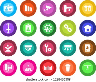 Round color solid flat icon set - plane radar vector, identity card, drip irrigation, sorting, barcode, chain, root setup, smart home, water heater, air conditioner, intercome, filter, warm floor