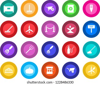 Round color solid flat icon set - fence vector, garden fork, farm, rake, wheelbarrow, well, hoe, plant label, pumpkin, greenhouse, sprayer, fertilizer, windmill, irrigation