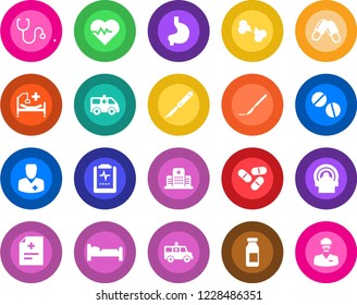 Round color solid flat icon set - bed vector, heart pulse, diagnosis, stethoscope, pills, ampoule, scalpel, tomography, ambulance car, hospital, stomach, broken bone, clipboard, doctor