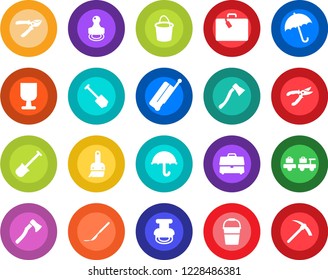 Round color solid flat icon set - suitcase vector, umbrella, baggage larry, job, shovel, bucket, pruner, axe, scalpel, fragile, themes, case, stamp, hard work