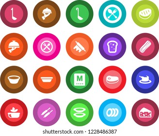 Round color solid flat icon set - spoon and fork vector, cafe, menu, salad, plates, bacon, waiter, bread, chicken, steak, kebab, ladle, bowl, rolling pin, cheese