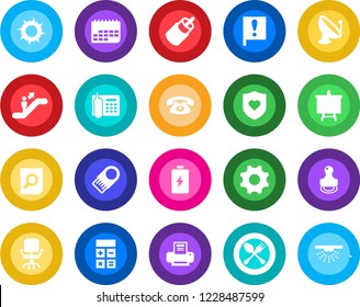 Round color solid flat icon set - spoon and fork vector, escalator, office chair, calculator, document search, presentation board, sun, heart shield, important flag, term, satellite antenna, rca