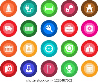 Round color solid flat icon set - case vector, calendar, stamp, garden light, fireplace, lungs, cargo container, clock, camera, microphone, rec button, office building, identity card, bedroom, ham