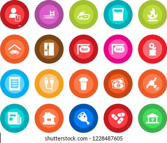 Round color solid flat icon set - fire vector, pills, patient, cash, clipboard, satellite, news, rca, house, pond, pool, garage, sale, rent, fridge, flower in pot, drink, ham, water filter