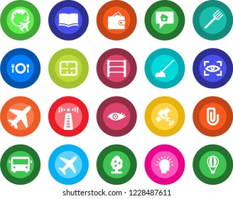 Round color solid flat icon set - plane vector, antenna, airport bus, globe, book, farm fork, hoe, eye, rack, satellite, paper clip, fruit tree, plan, cafe, scan, home message, shining head, wallet