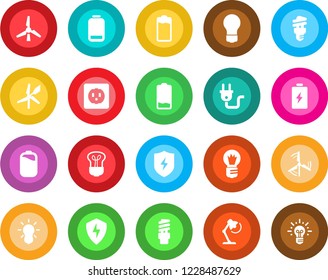 Round color solid flat icon set - bulb vector, battery, low, protect, desk lamp, windmill, socket, power plug, energy saving, idea