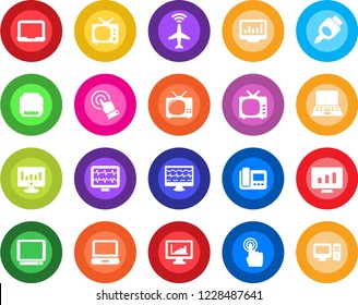 Round color solid flat icon set - plane radar vector, notebook pc, statistic monitor, pulse, tv, touch screen, laptop, hdmi, statistics, intercome