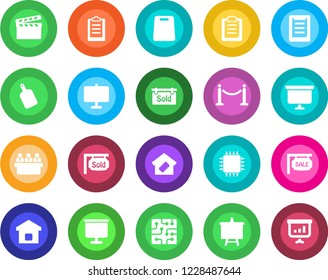 Round color solid flat icon set - fence vector, presentation board, meeting, clipboard, clapboard, sale, sold signboard, smart home, cutting, chip
