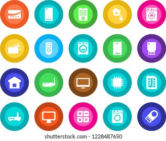 Round color solid flat icon set - washer vector, calculator, monitor, phone back, sim, smart home, credit card, control, chip, remote, router, usb flash