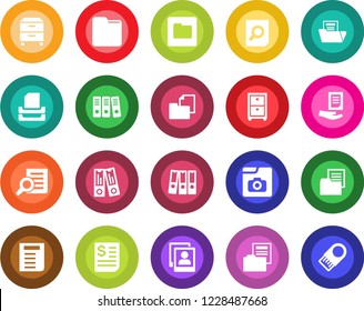 Round color solid flat icon set - office binder vector, document search, receipt, folder, photo gallery, paper, tray, archive box, usb flash