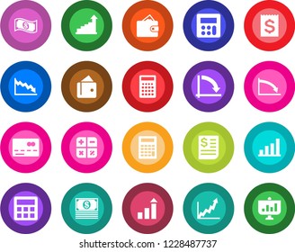 Round color solid flat icon set - credit card vector, growth statistic, calculator, crisis graph, receipt, bar, wallet, cash, presentation