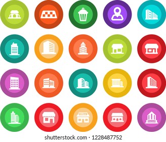 Round color solid flat icon set - taxi vector, office building, garden light, navigation, store, city house, cafe, storefront