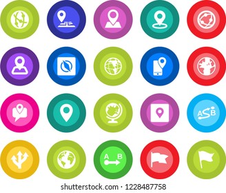 Round color solid flat icon set - globe vector, route, navigation, earth, pin, mobile tracking, network, place tag, compass, flag