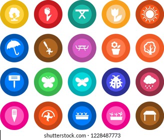 Round color solid flat icon set - umbrella vector, sun, flower in pot, ripper, tree, butterfly, lady bug, seedling, rain, plant label, picnic table, tulip