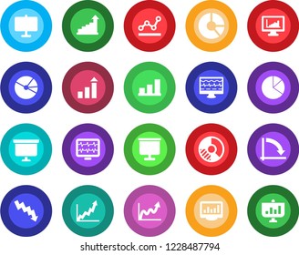 Round color solid flat icon set - growth statistic vector, presentation board, crisis graph, circle chart, monitor pulse, statistics, bar, pie, point