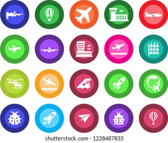 Round color solid flat icon set - plane vector, departure, arrival, ladder car, boarding, helicopter, seat map, globe, airport building, lady bug, rocket, paper, air balloon