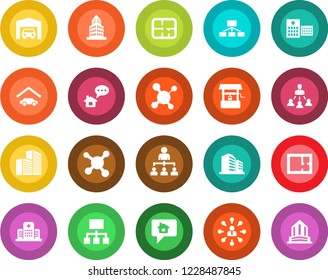 Round color solid flat icon set - hierarchy vector, well, molecule, hospital, office building, garage, plan, home message